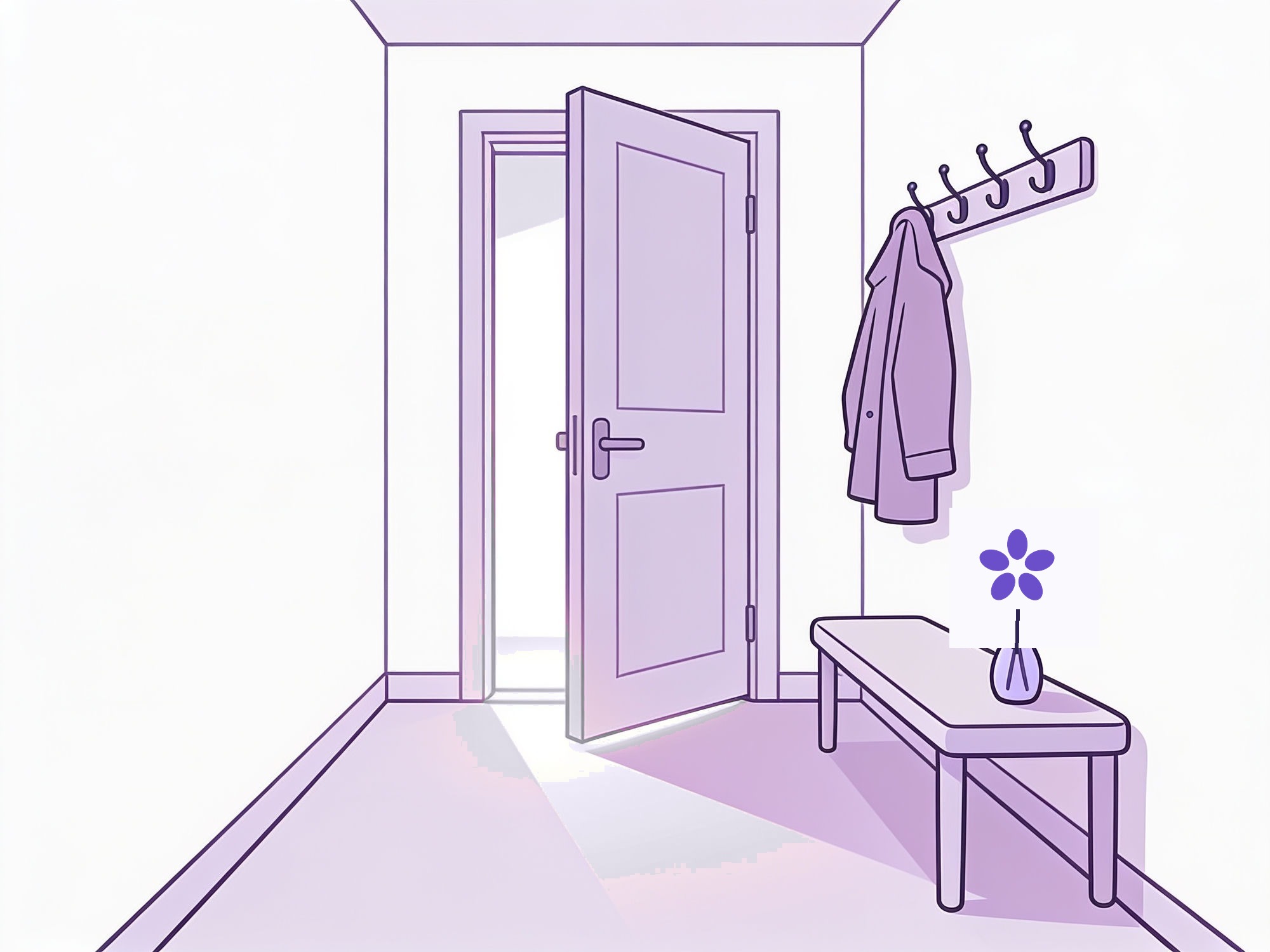 A hallway with a front door slightly ajar and a forget-me-not on a bench