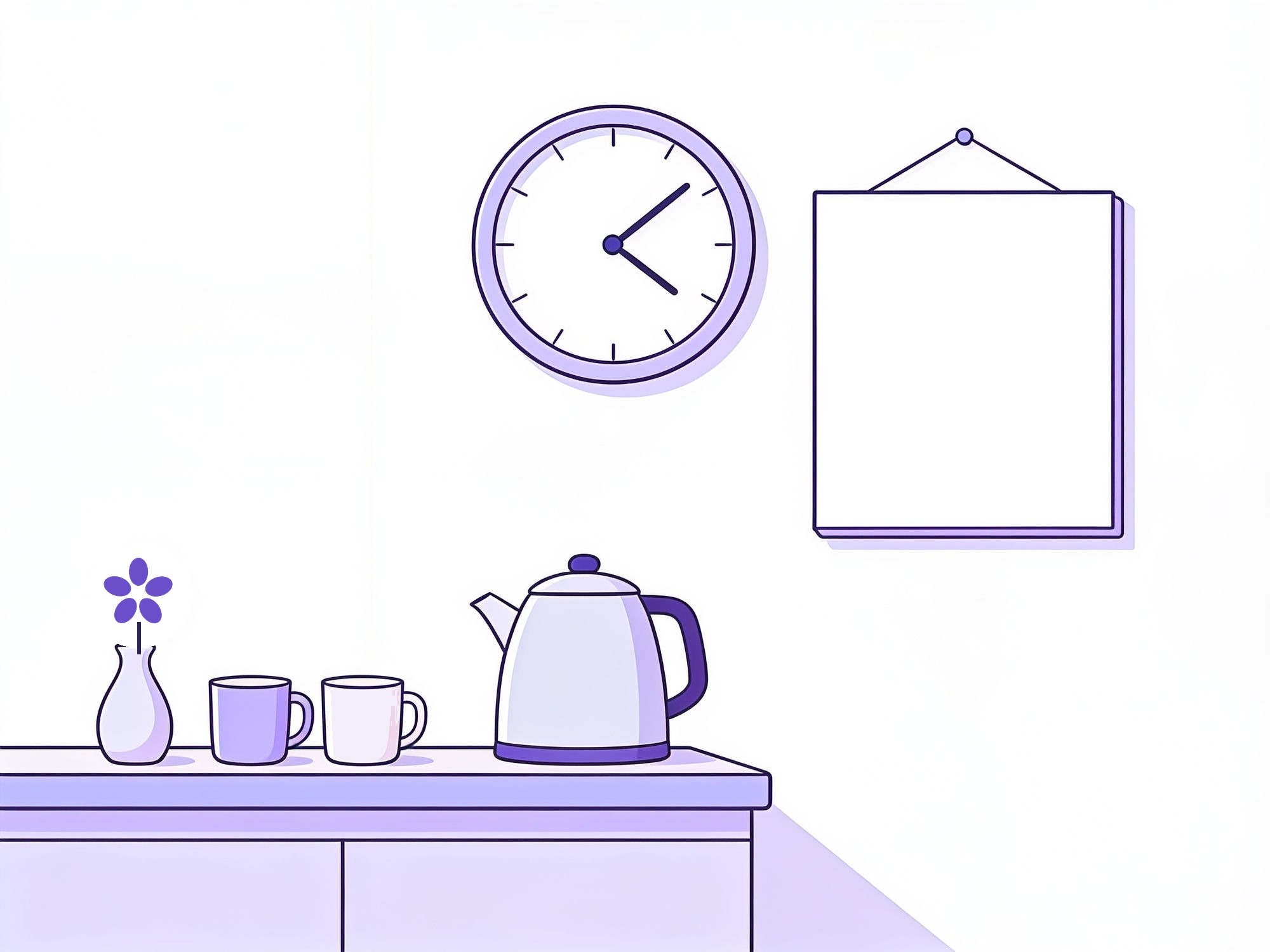 A kitchen wall with a clock and a blank whiteboard, a kettle and two mugs below