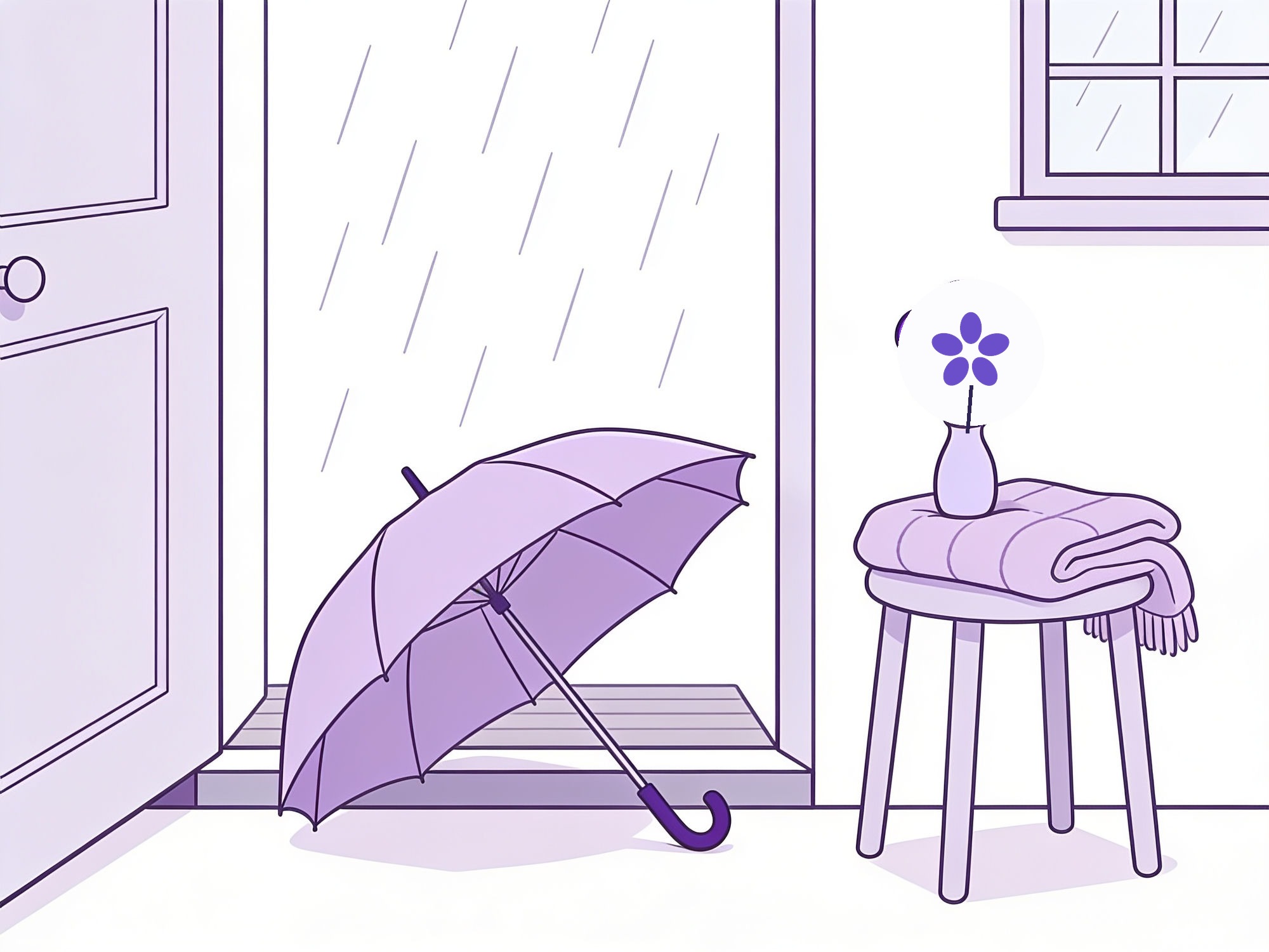 An umbrella resting beside a doorstep, rain outside, a forget-me-not on a stool