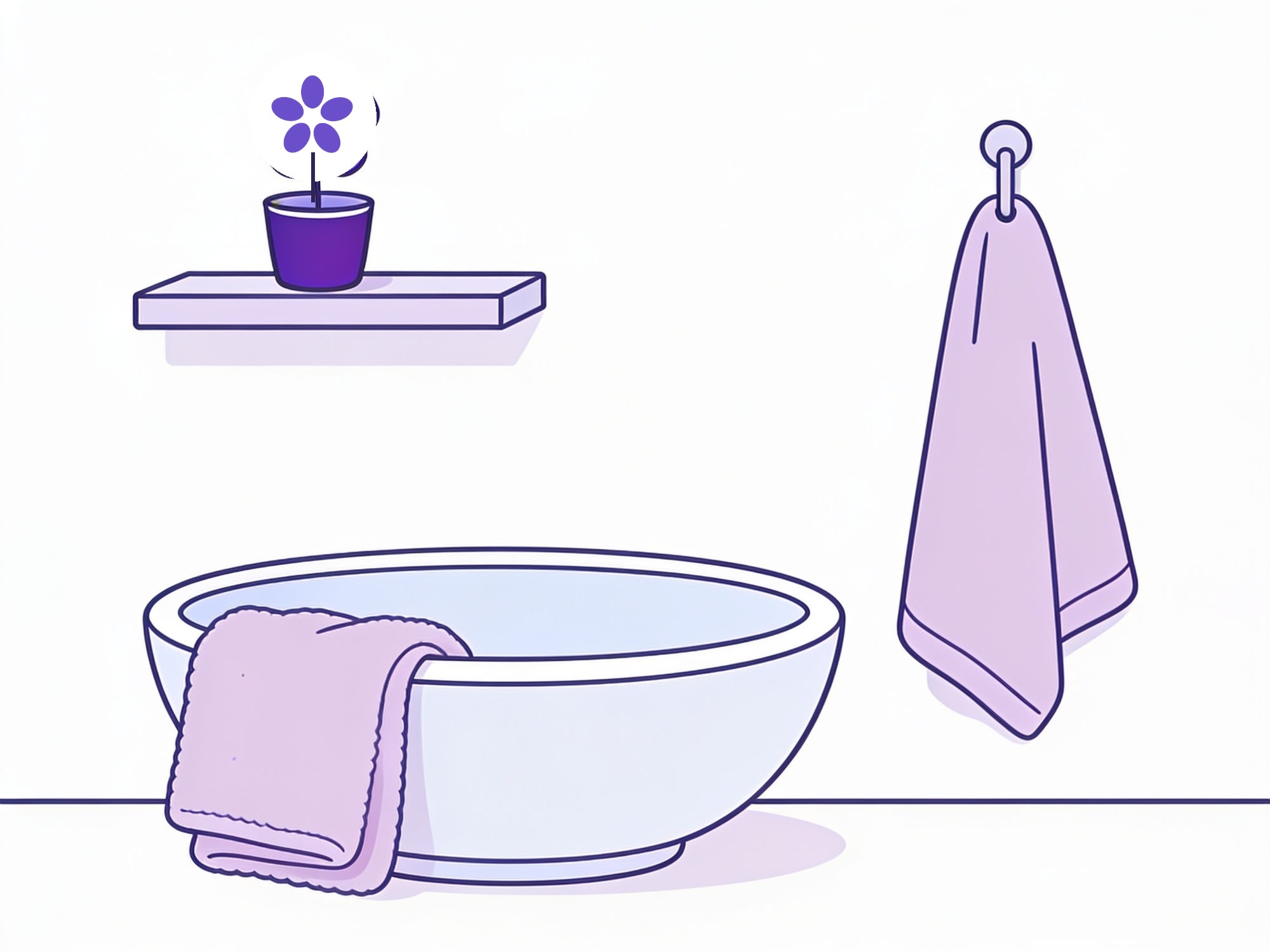 A basin with a folded flannel, a hanging towel, and a forget-me-not on a shelf