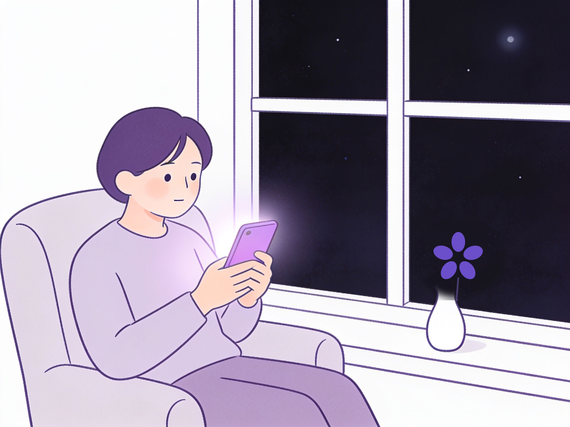 A caregiver sitting in an armchair at night, reading a gently lit phone, a forget-me-not on the windowsill